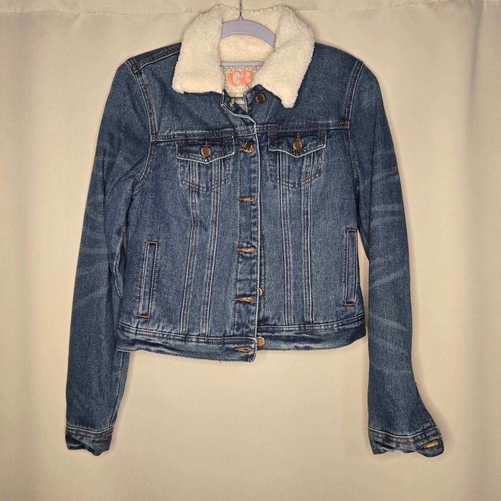 Gianni Bini Denim Jacket Faux Sherpa Collar Button Front Jean Coat‎ Women's XS